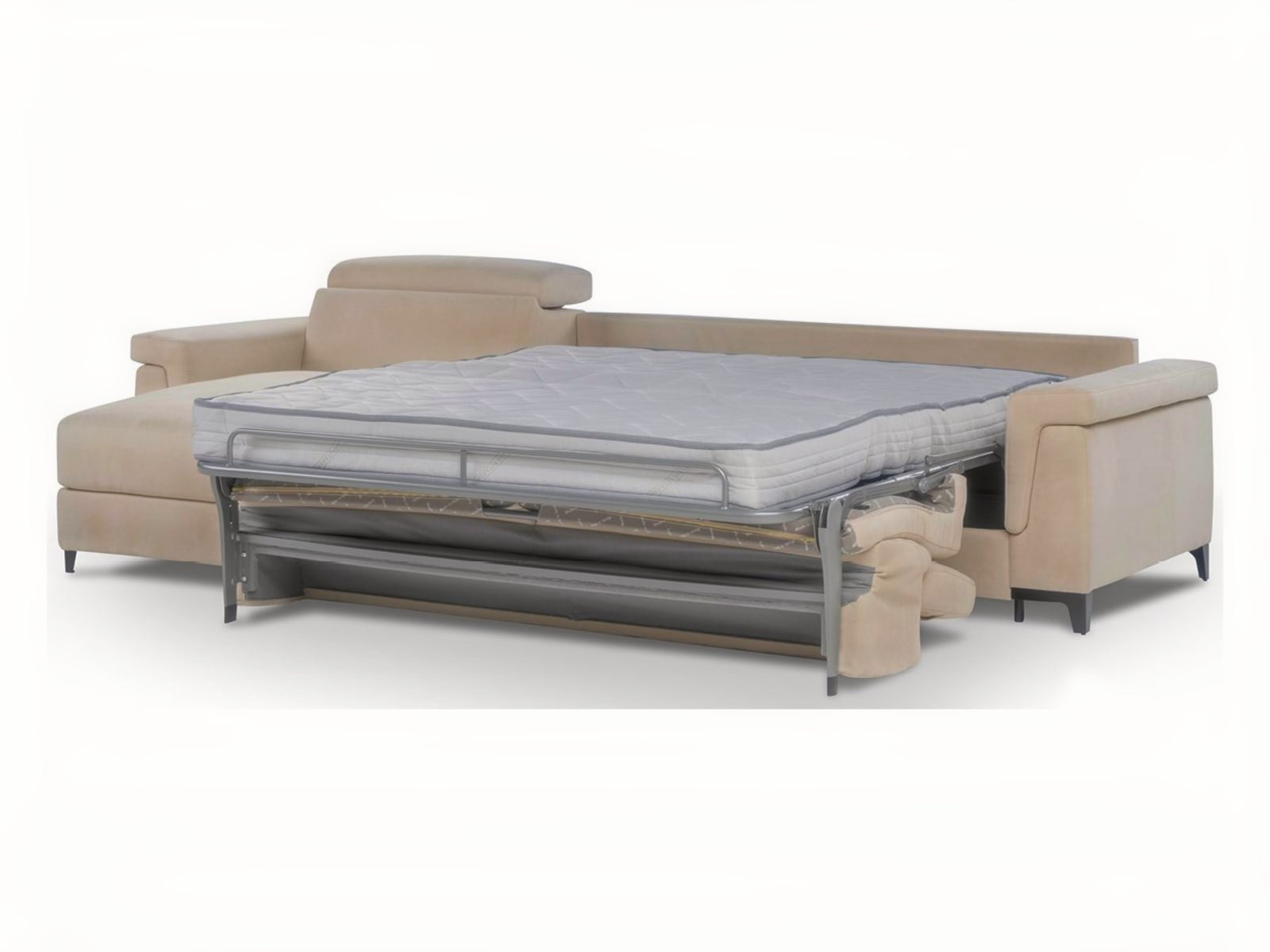 Modular sofa with customizable armrests, combines a bed, recliner, and chaise-longue for versatile living and relaxation, in a minimalist design that suits any decor. | Eclettico by Calia Italia