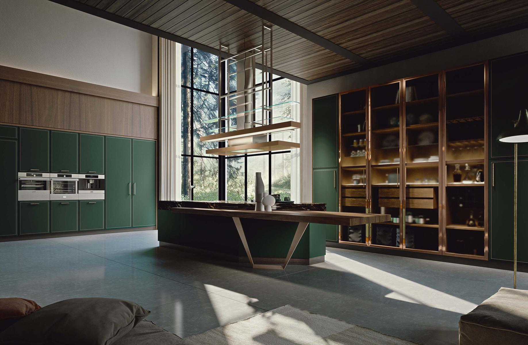 Custom kitchen with island Martini interiors Essenza Supernatural Green And Copper