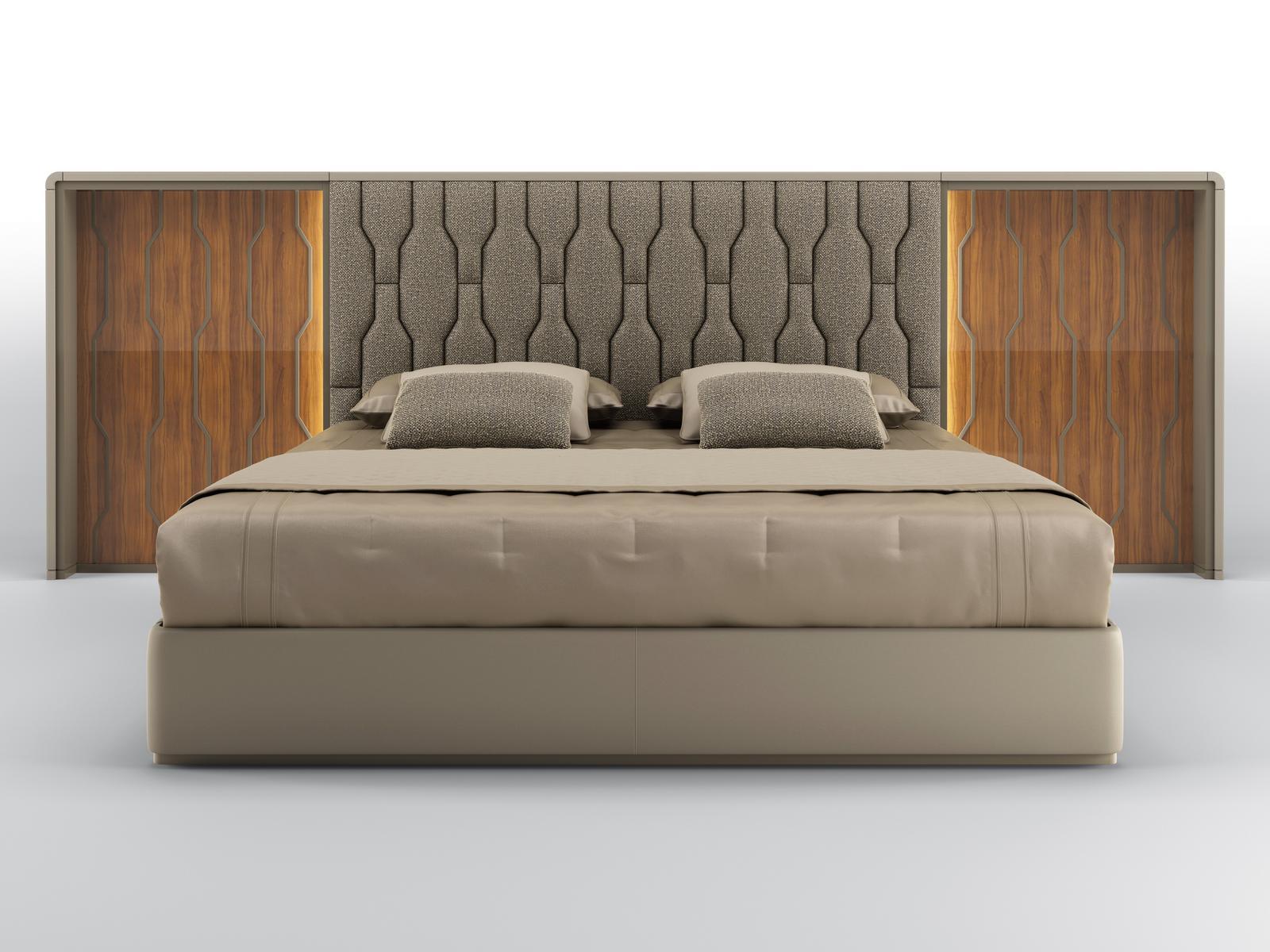 Leather bed with fabric and canaletto walnut headboard | Cleo by Bruno Zampa