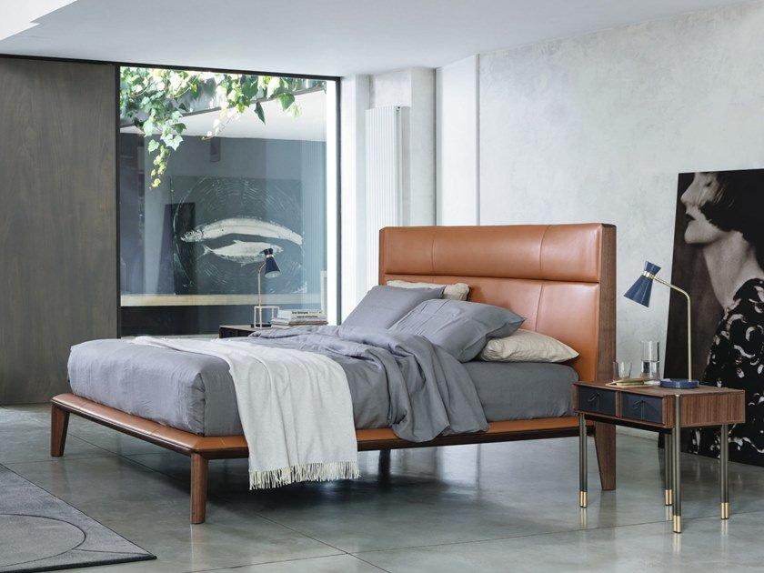 Tanned leather double bed with upholstered headboard | Nyan by Porada