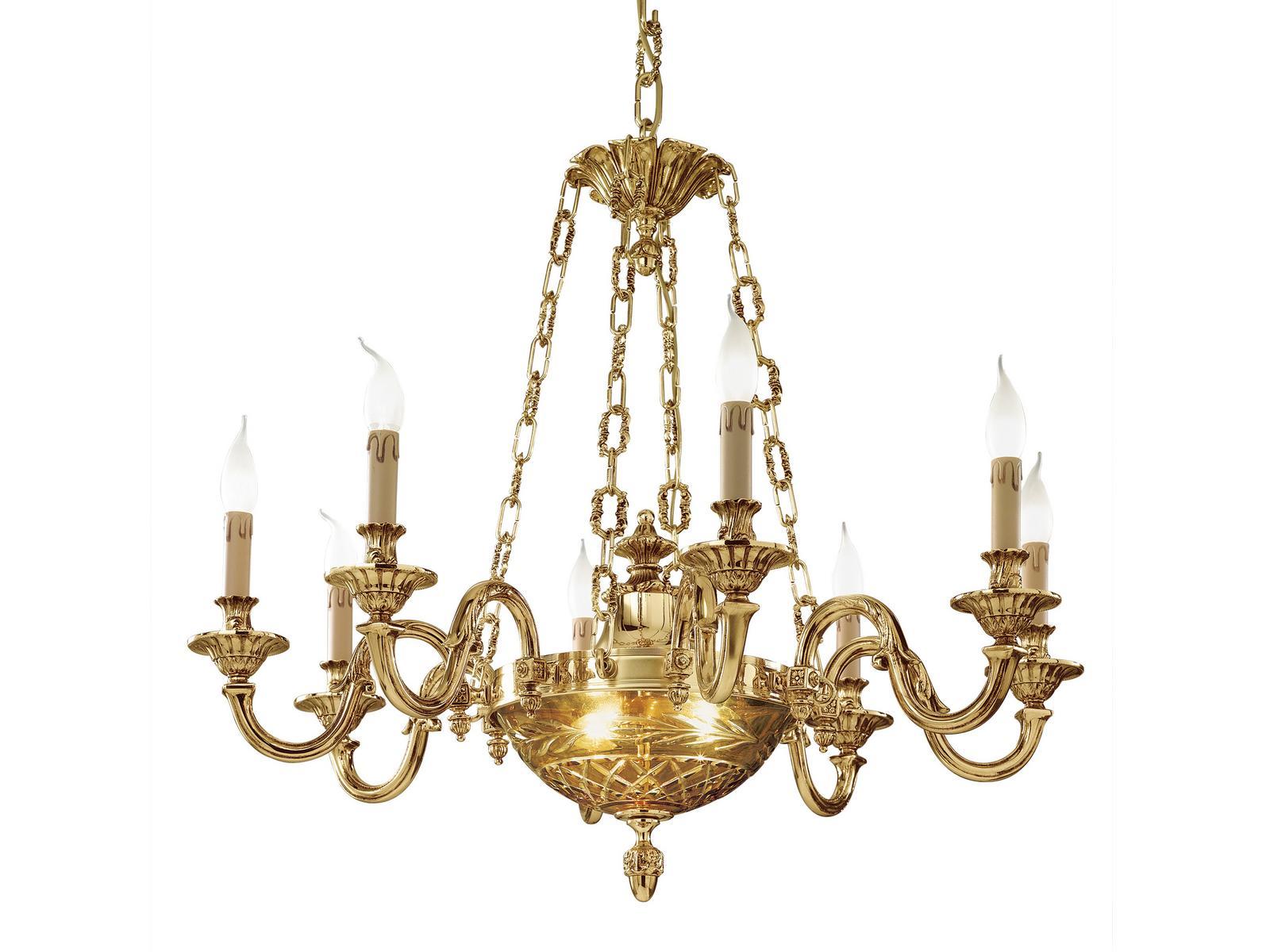 Shaded gold plated chandelier with amber crystal | Ruth 517/8+2 by Possoni Illuminazione
