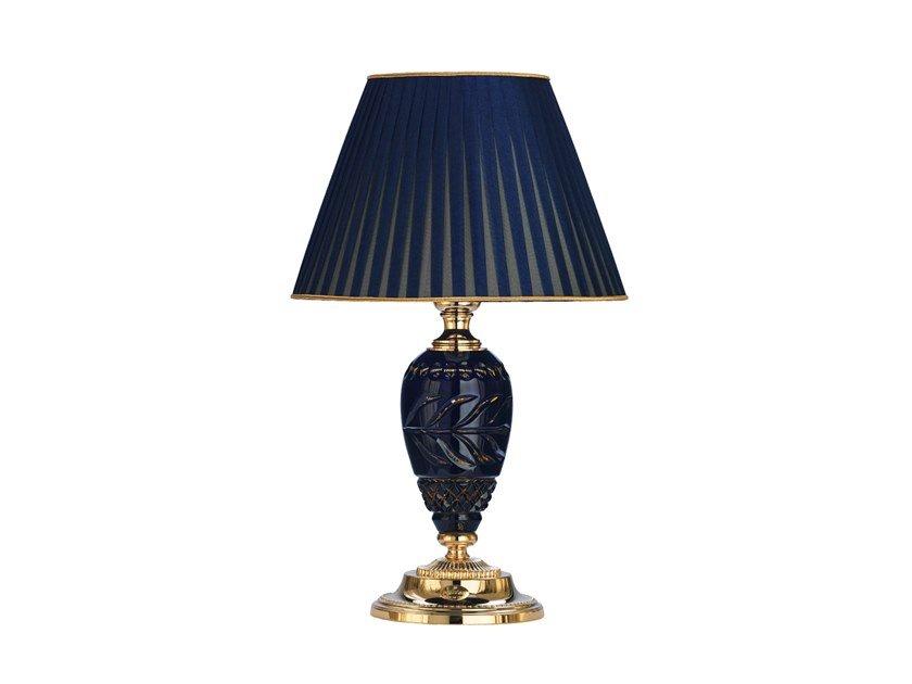 Shaded gold plated table lamp with blue amber crystal | Michelangelo 3999/lp by Possoni Illuminazione