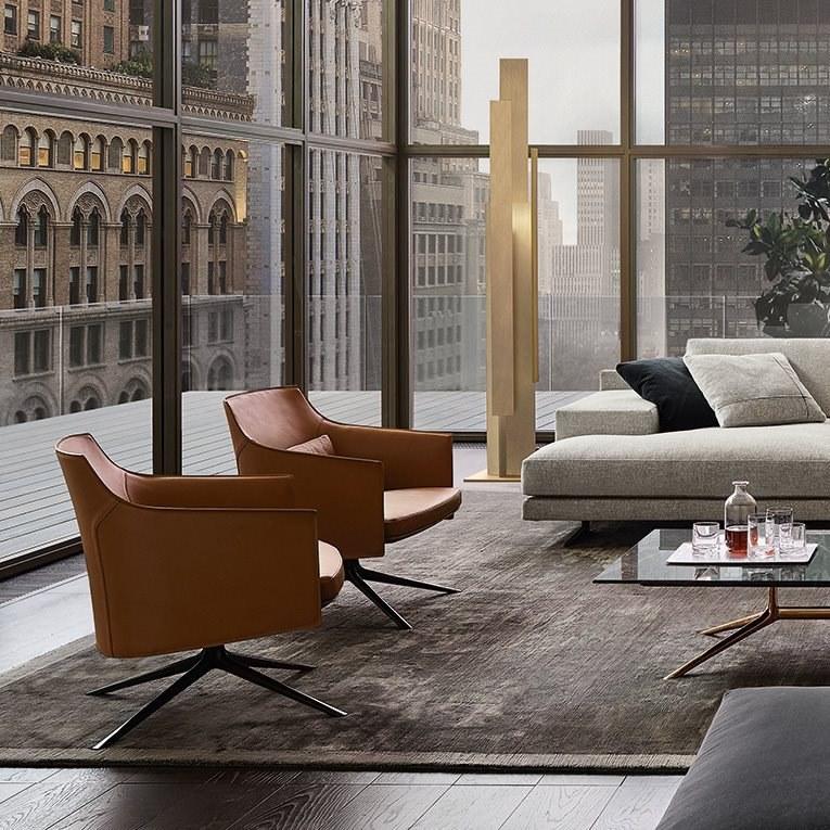 Swivel tanned leather armchair with armrests | Stanford by Poliform