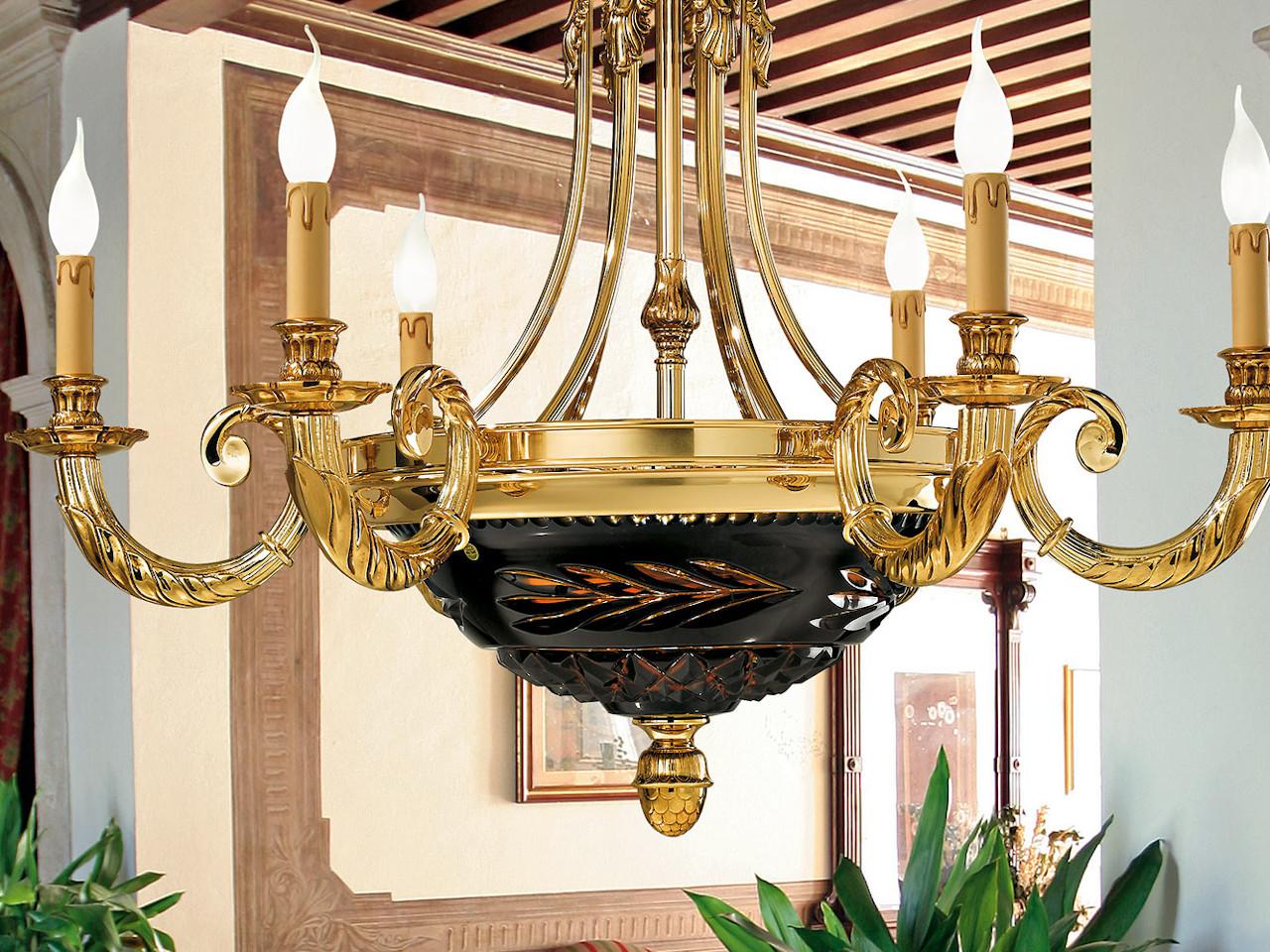 Shaded gold plated chandelier with blue crystal | Clarissa 4501/6+6 by Possoni Illuminazione