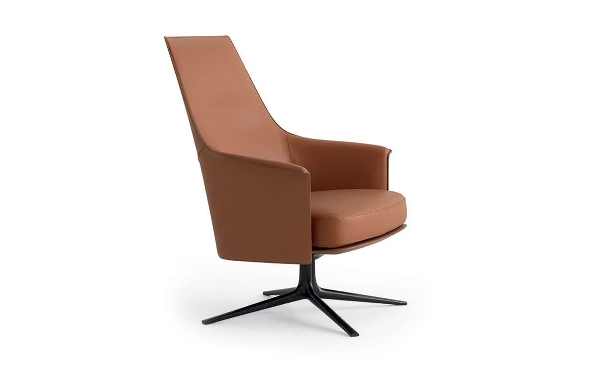 Swivel leather armchair with 4-spoke base with armrests | Stanford Lounge by Poliform