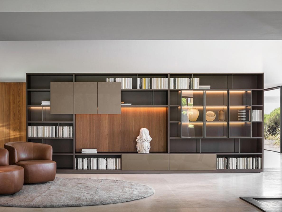 Sectional wooden storage wall with integrated lighting | 505 by Molteni