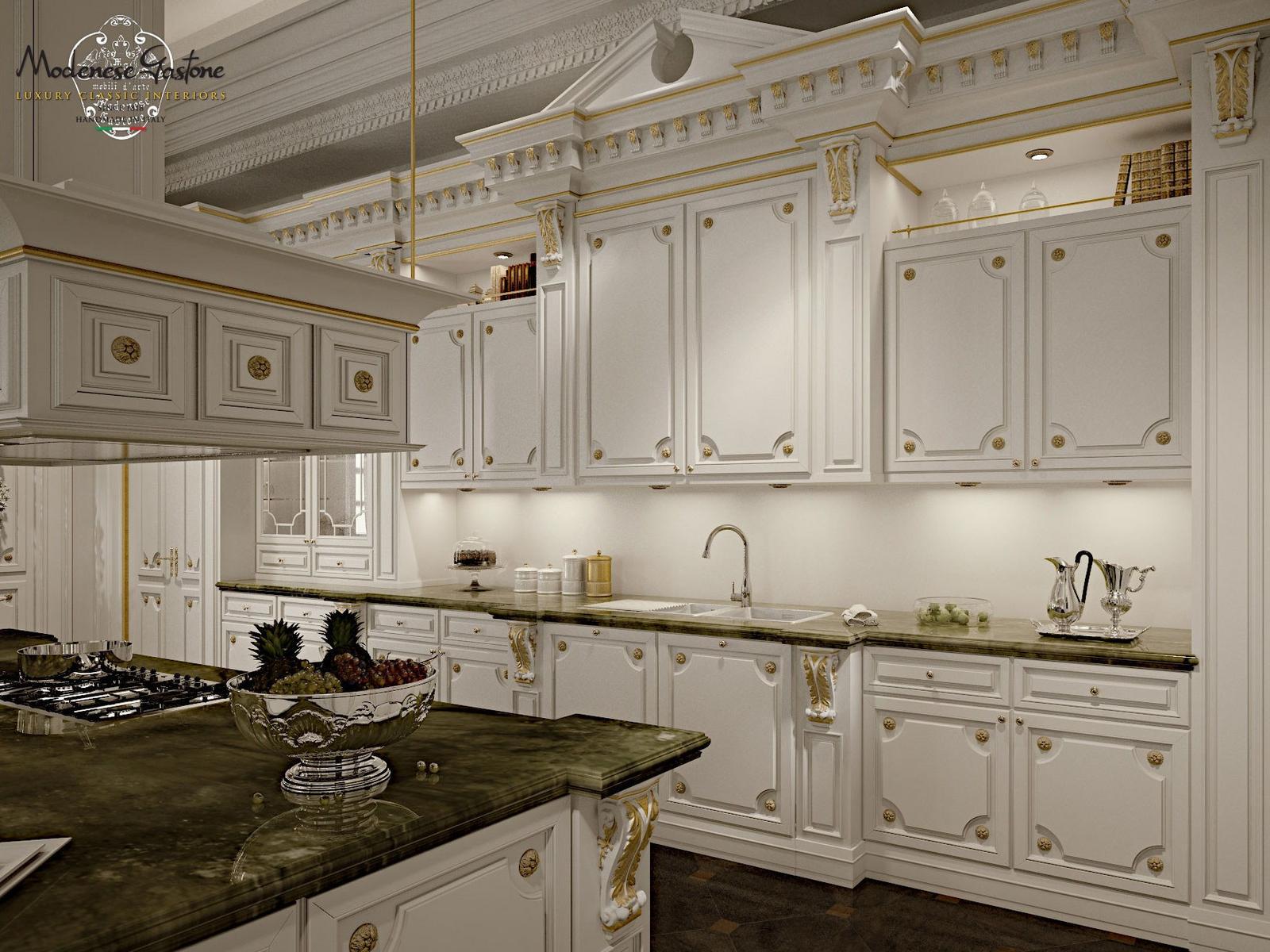 Custom solid wood kitchen with island Modenese Gastone Romantica - Ivory And Gold