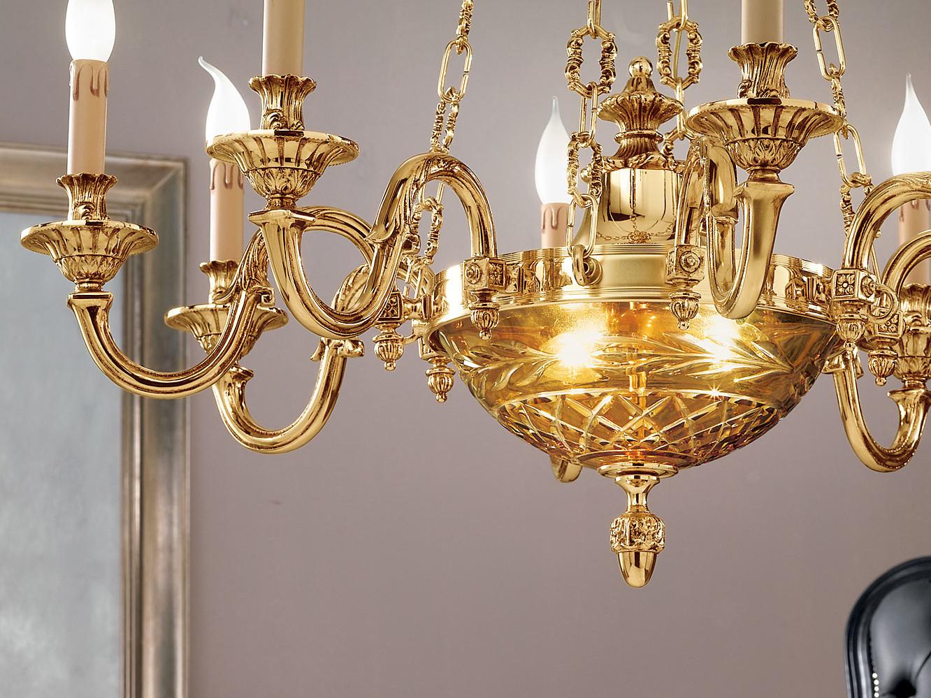 Shaded gold plated chandelier with amber crystal | Ruth 517/8+2 by Possoni Illuminazione