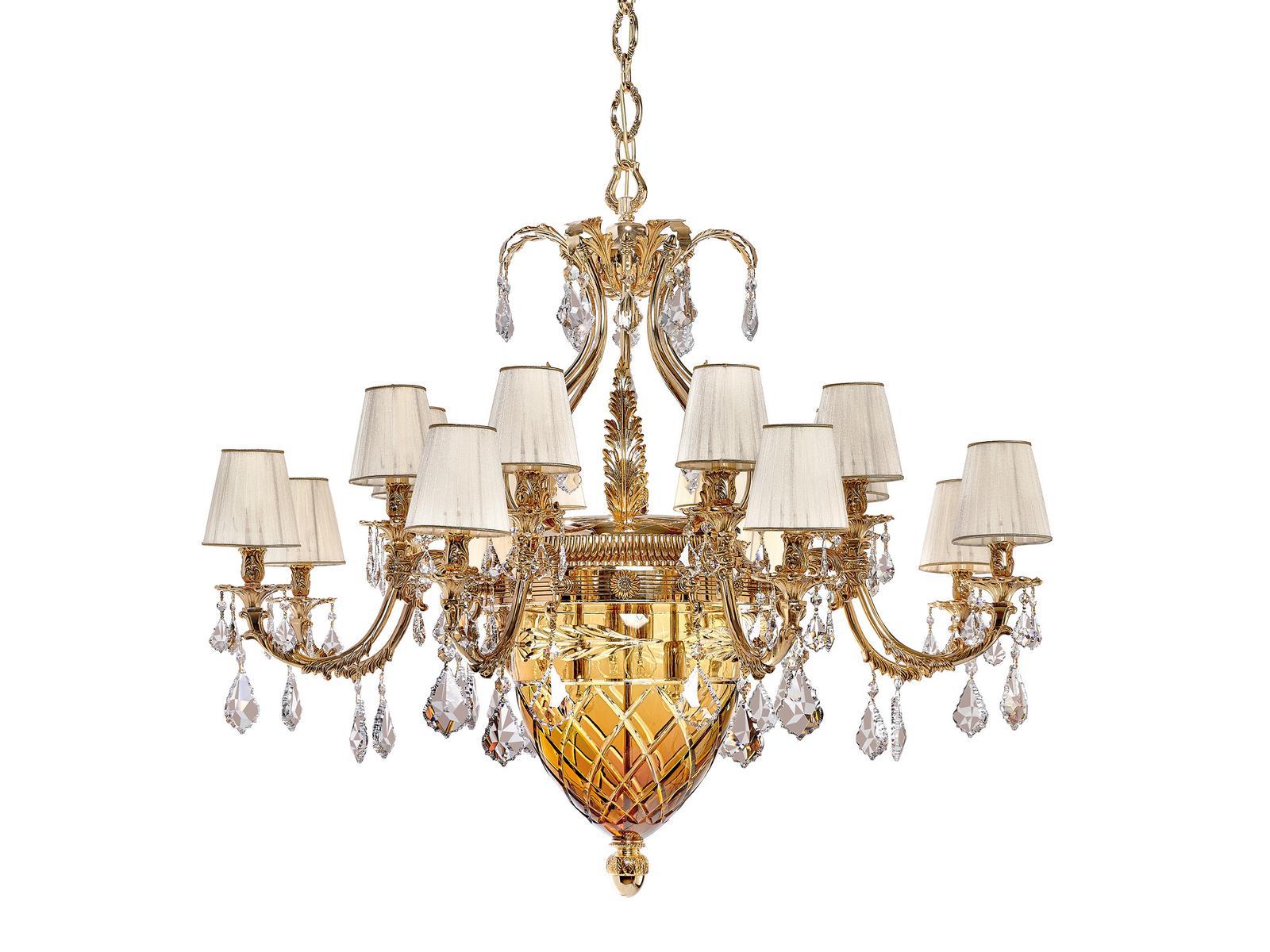 Shaded gold plated chandelier with Schoeler crystals | Lara 4400/16+4-sh/p by Possoni Illuminazione