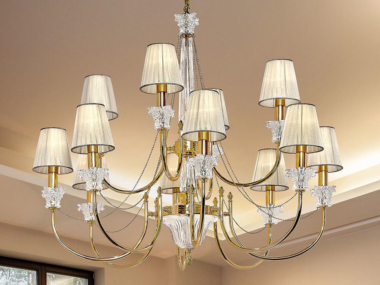 Gold plated finish chandelier with crystal and shade | Vicky 37089/8+4 by Possoni Illuminazione