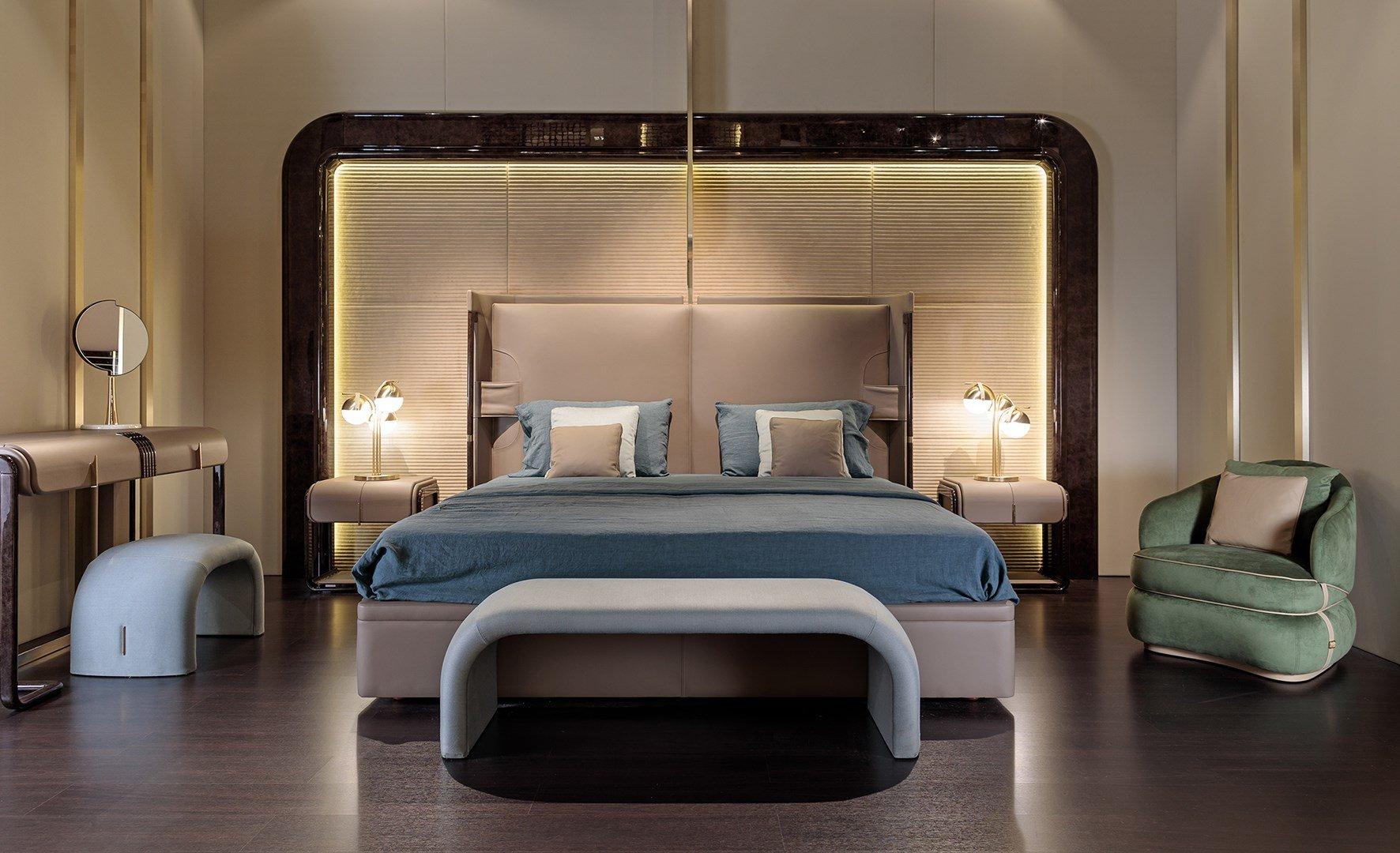 Leather double bed with upholstered headboard | Eclipse by Turri