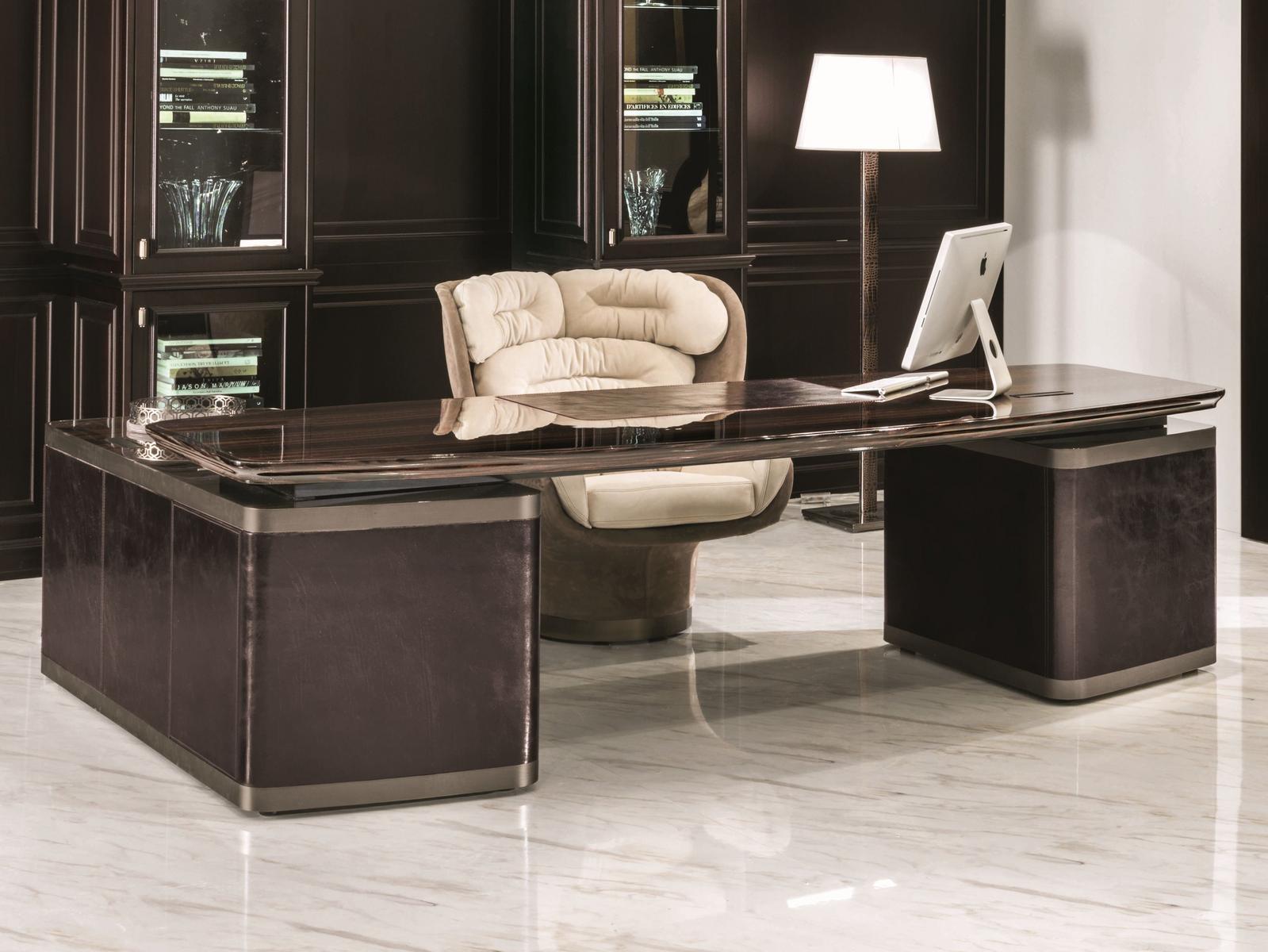 L-shaped veneer office desk with drawers | Ector by Longhi