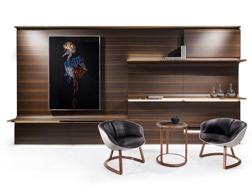 Sectional wood veneer storage wall with integrated lighting | Osborne by Visionnair
