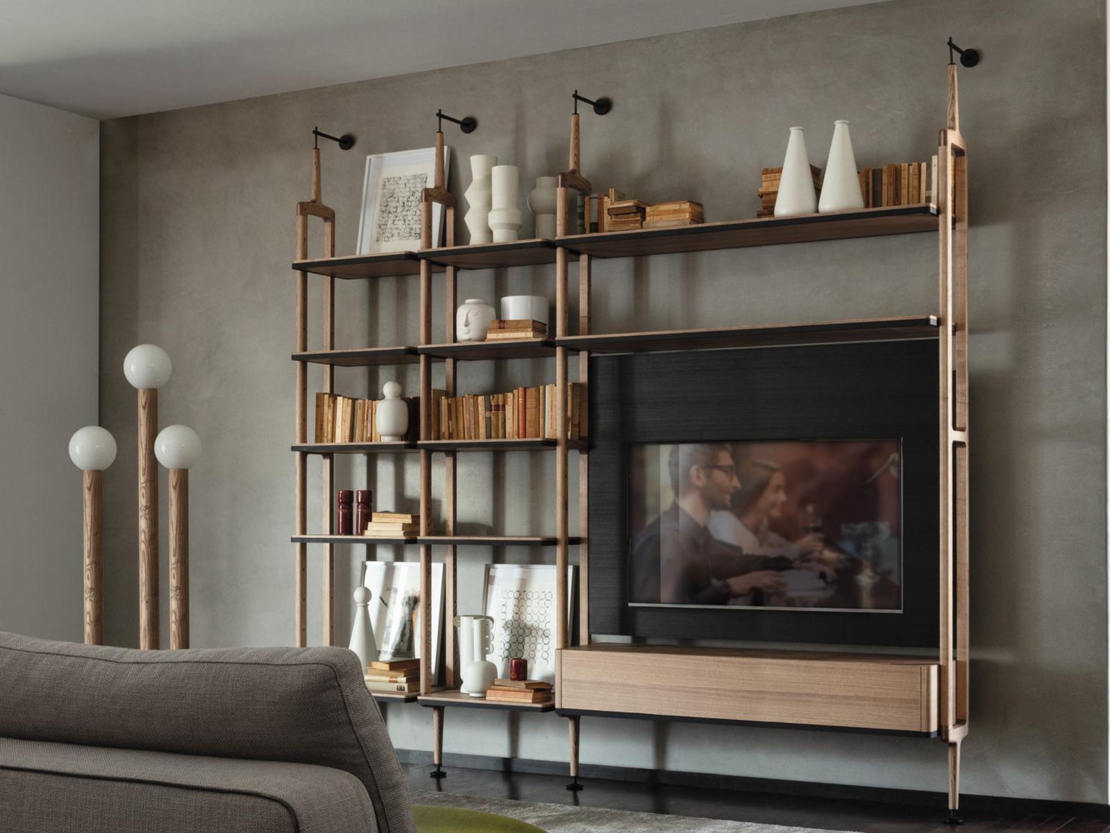 Wall-mounted ash bookcase with TV stand | Aria by Porada
