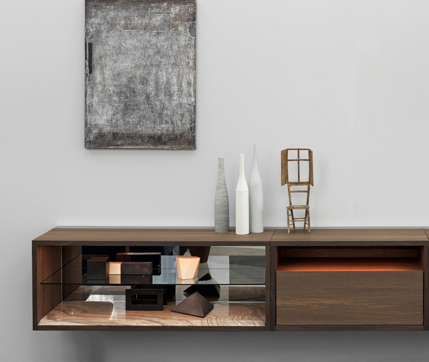 Sectional wall-mounted wooden storage wall | C-system by Flou