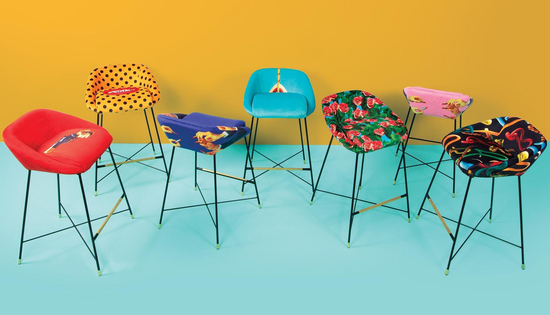 High fabric stool with back | Pink Lipsticks by Seletti