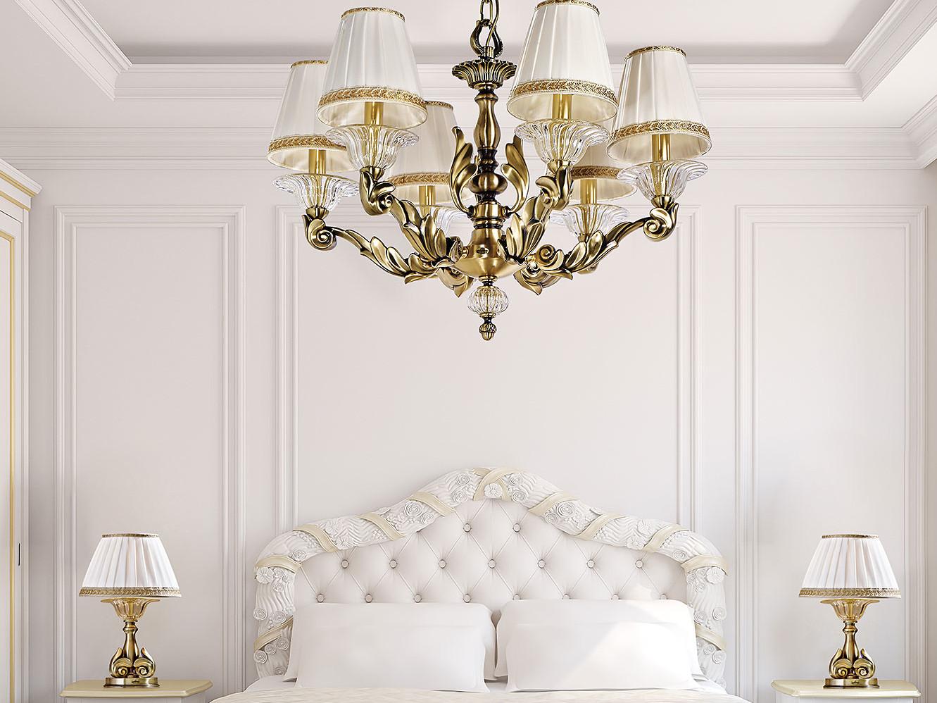 Satin brass chandelier with crystal and shades | Lucilla 551/6 by Possoni Illuminazione