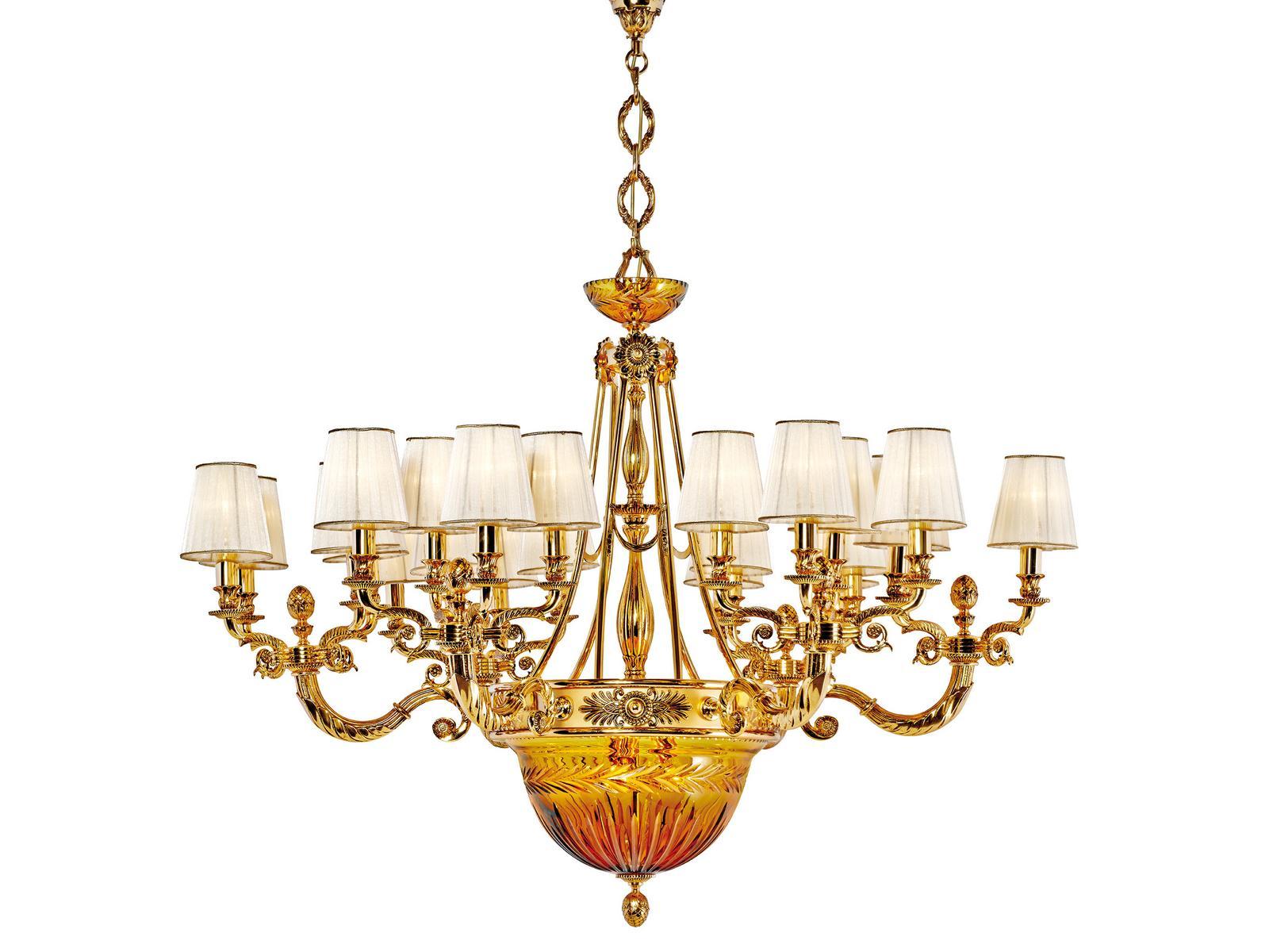Shaded gold plated chandelier with amber crystal and shades | Amber 431/24+6 by Possoni Illuminazione