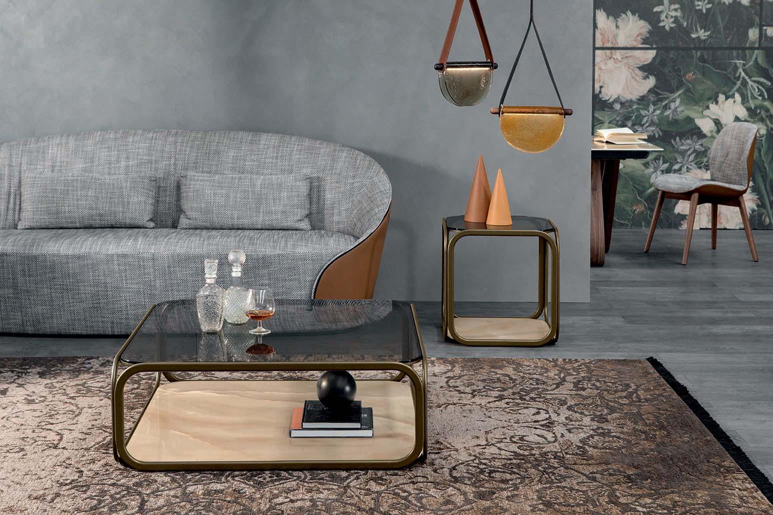 Square high metal side table with glass top and marble base | Remind by Tonin Casa