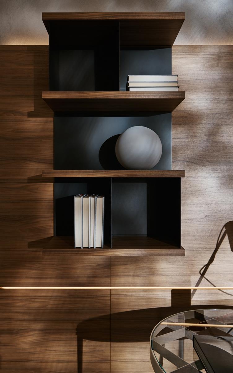 Sectional wooden storage wall with integrated lighting | Grid by Molteni