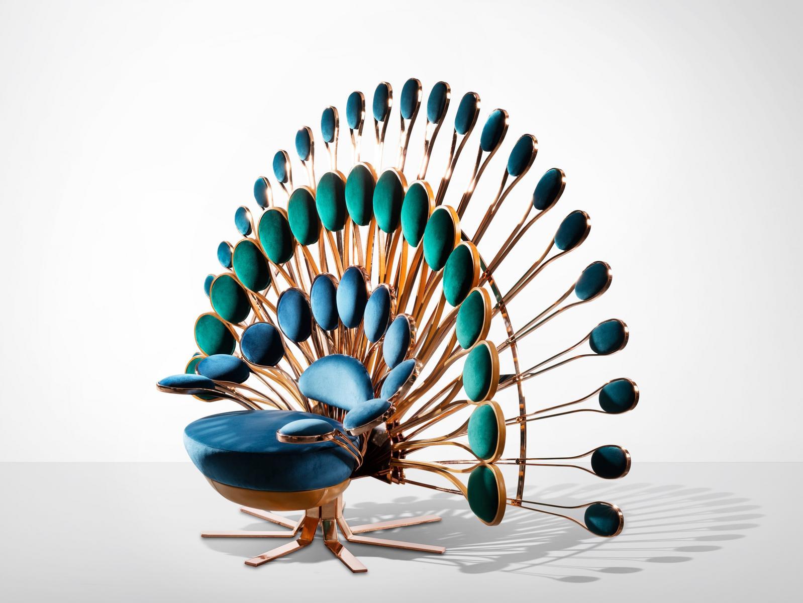 Upholstered high-back brass armchair | Pavone by Visionnair