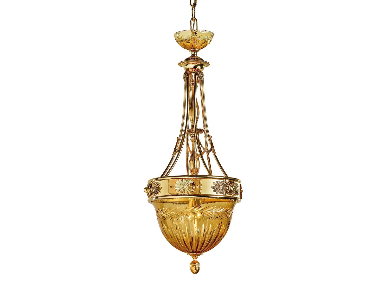 Shaded gold plated pendant with amber crystal | Amber 430/sp by Possoni Illuminazione