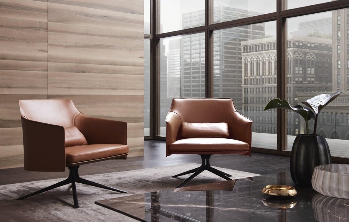 Swivel tanned leather armchair with armrests | Stanford by Poliform