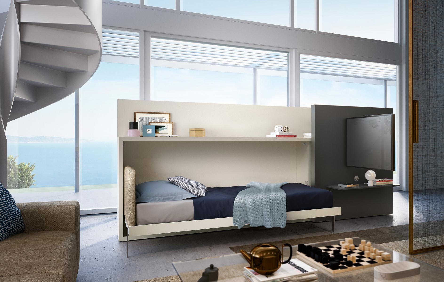 Freestanding wooden storage wall with fold-away bed | Poppi Theatre by CLEI