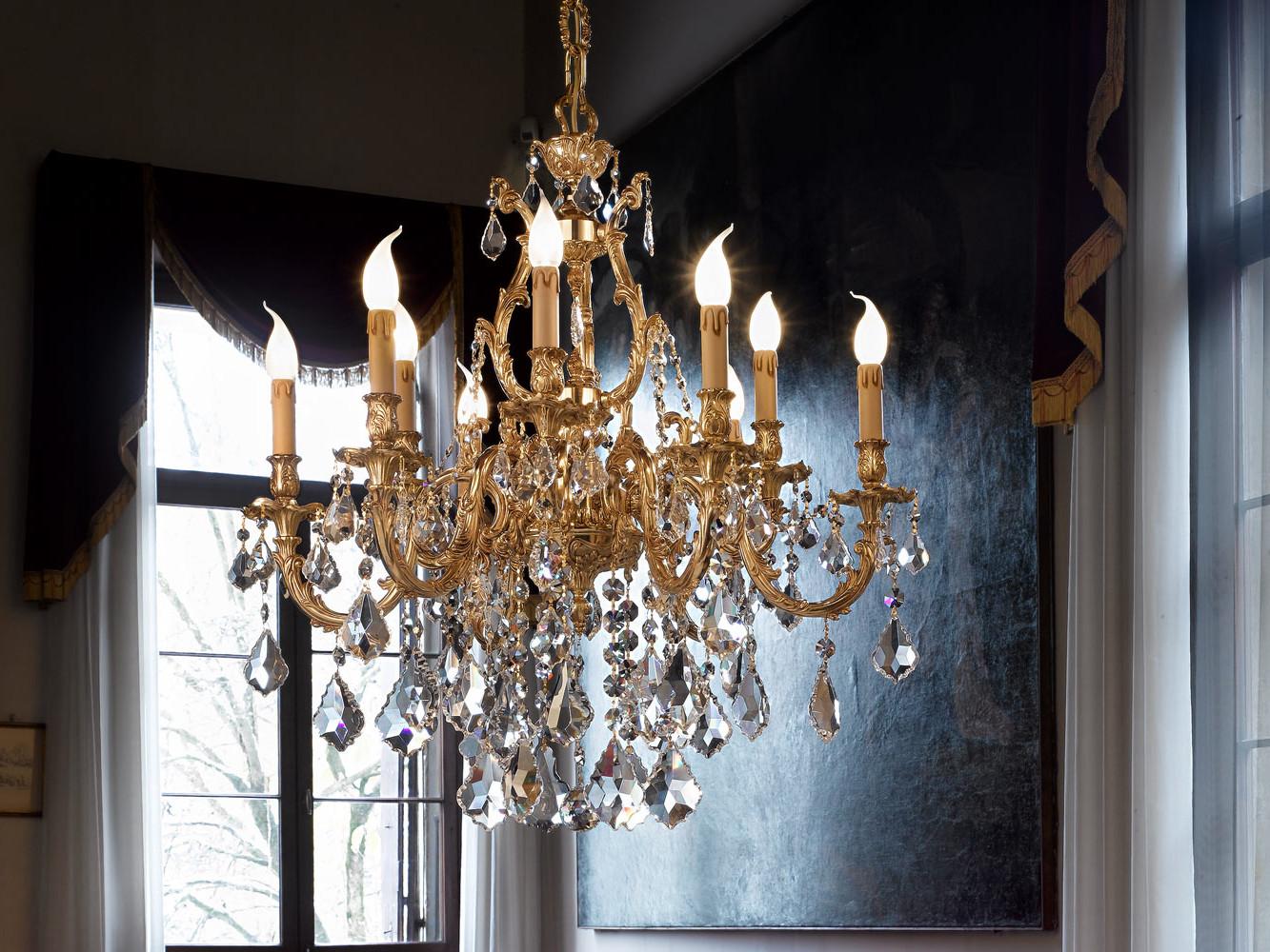 French gold chandelier with Schoeler crystals | Ashford 090/6+3-sh/p by Possoni Illuminazione