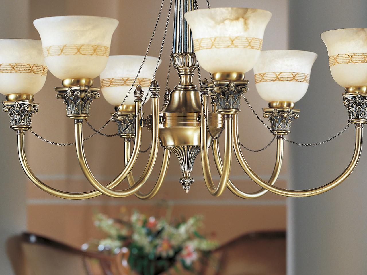 Antique Brass finish chandelier with alabaster | Mila 27089/6 by Possoni Illuminazione