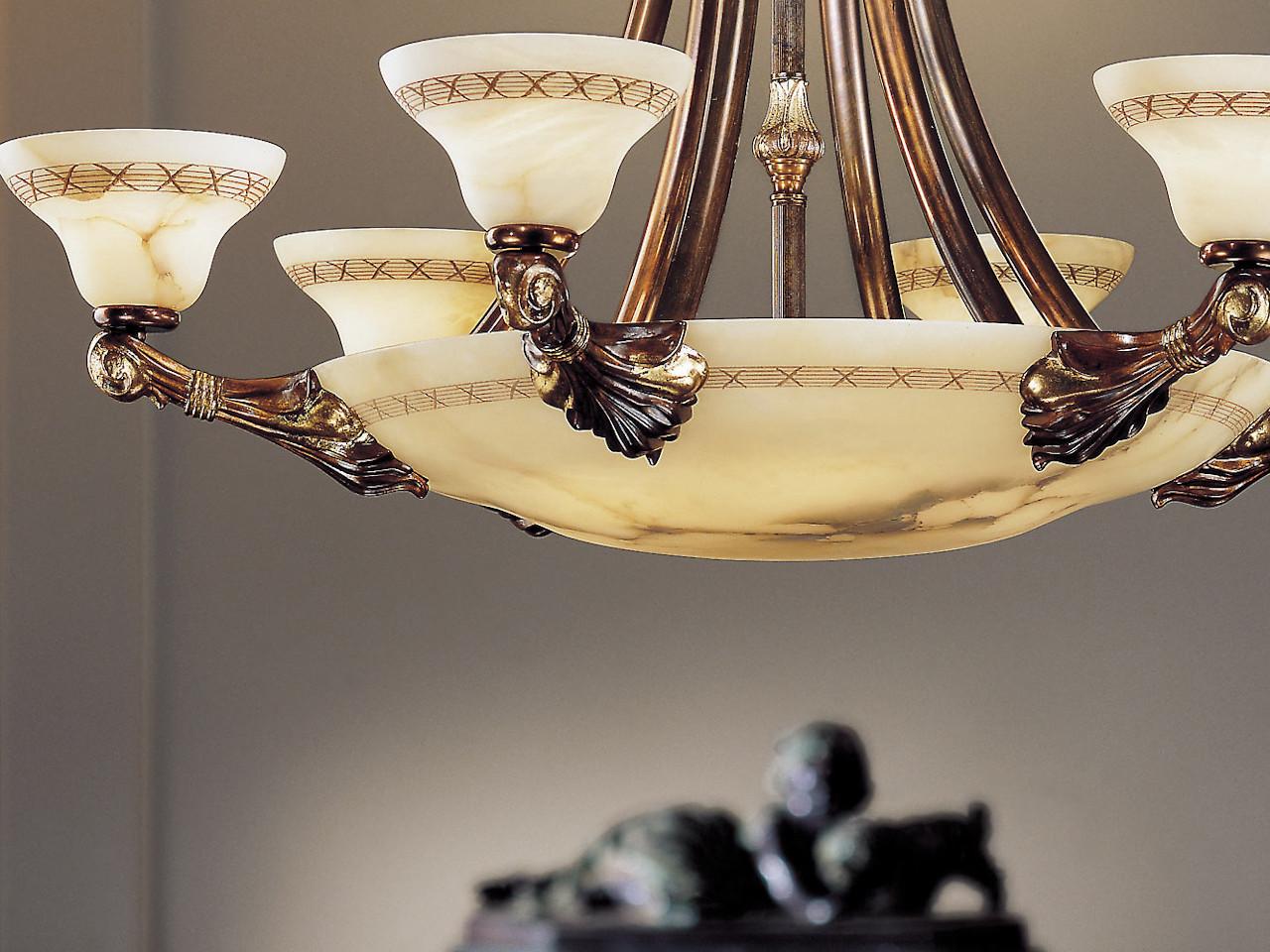 Rust/gold leaf chandelier with alabaster | Sasha 2900/6+6 by Possoni Illuminazione