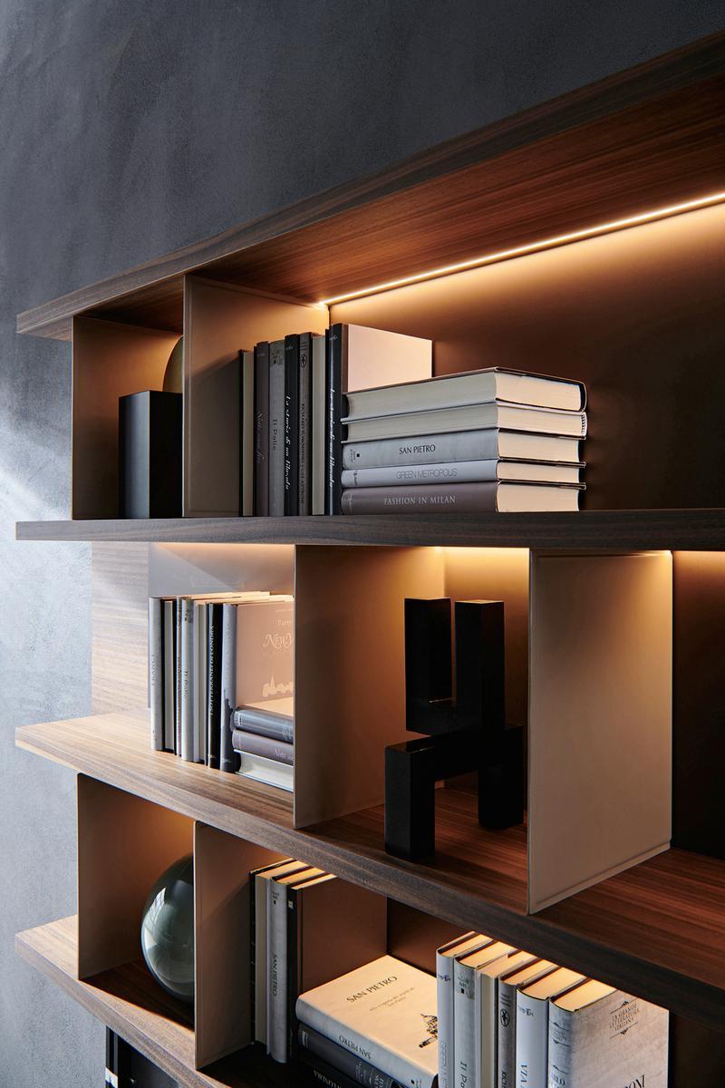 Sectional wooden storage wall with integrated lighting | Grid by Molteni