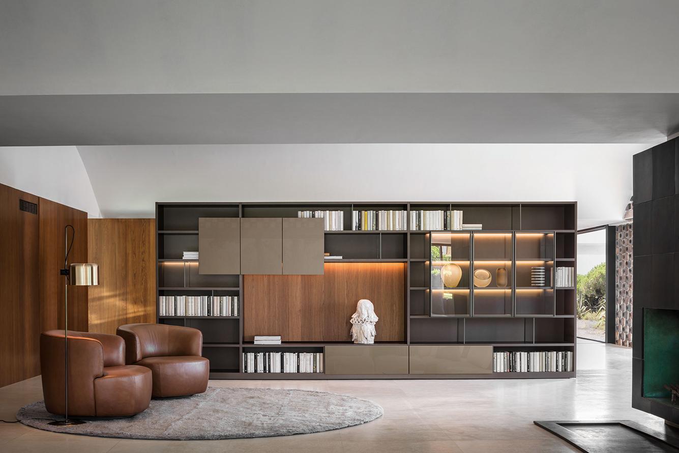 Sectional wooden storage wall with integrated lighting | 505 by Molteni