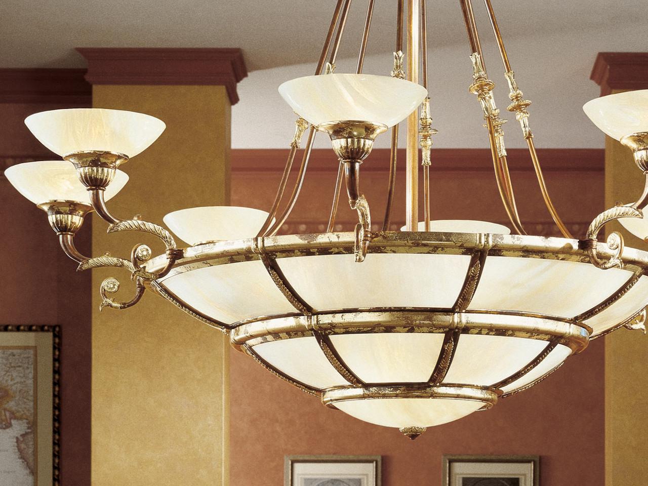 Rust gold leaf chandelier with onyx glass | Raffaello 1999/14+8 by Possoni Illuminazione