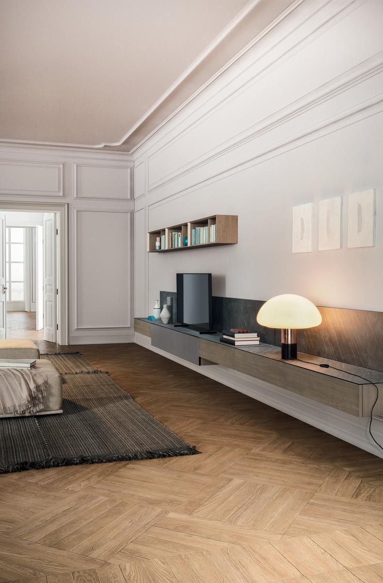 Sectional stone and wood storage wall | Spazio 04 by Pianca