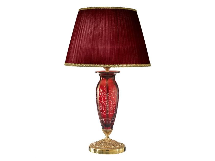 French Gold table lamp with red crystal and shade | Birky 7015/l by Possoni Illuminazione