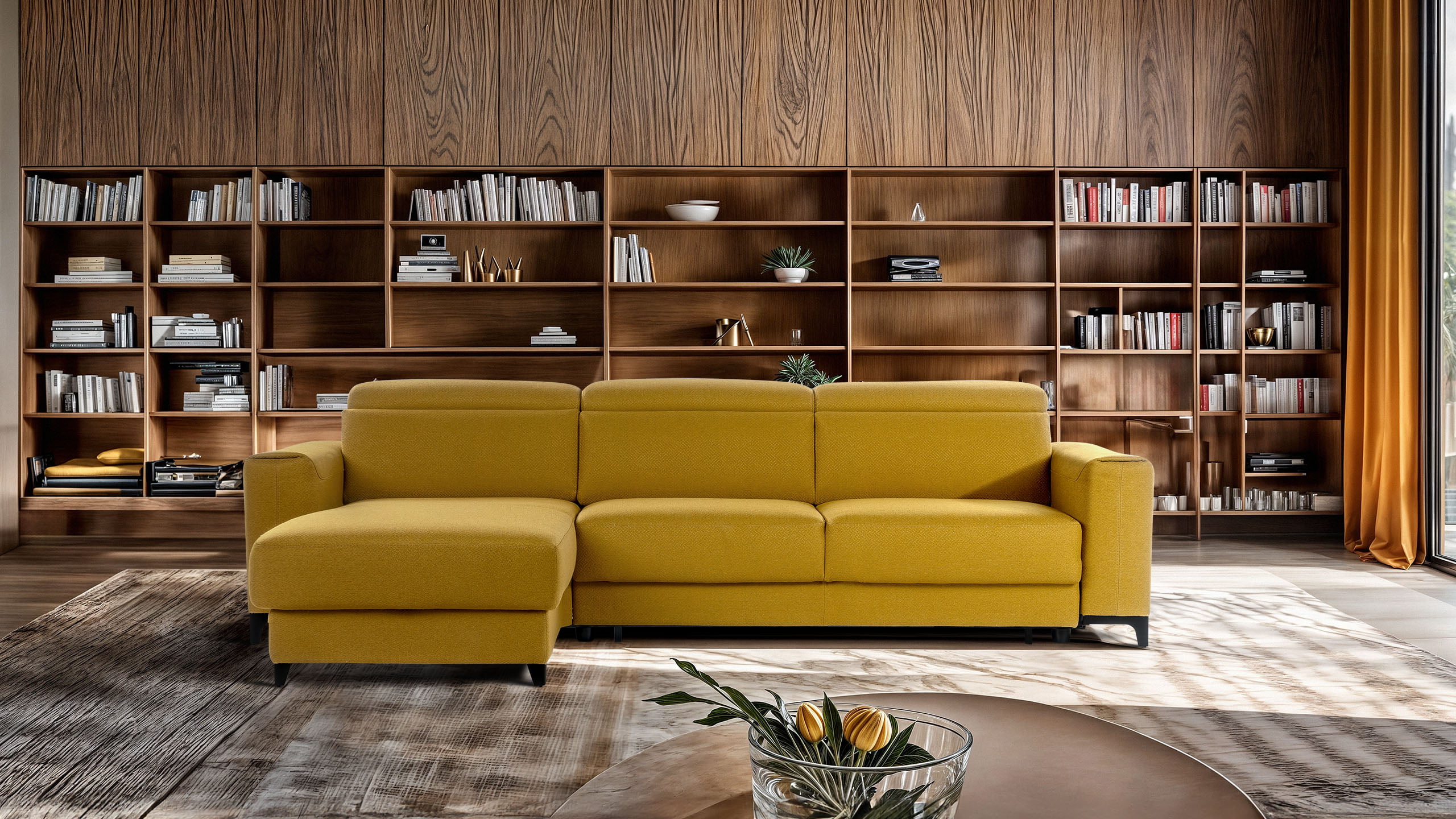 Innovative sofa-bed transitions seamlessly with a flip mechanism; includes storage space and adjustable headrests for ultimate functionality and comfort. | Oplà by Calia Italia