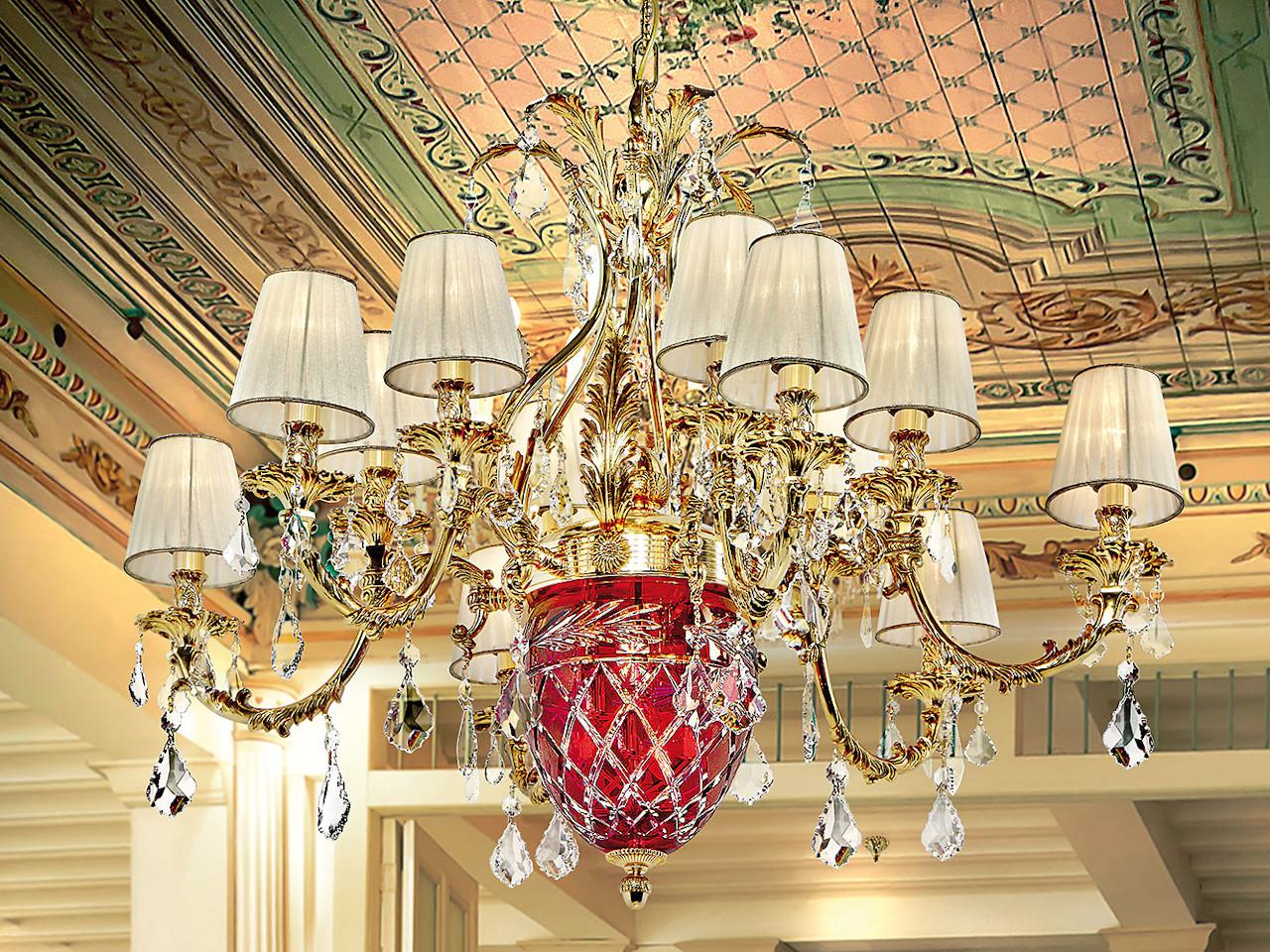 Shaded gold plated chandelier con Schoeler crystals | Lara 4400/12+3-sh/p by Possoni Illuminazione