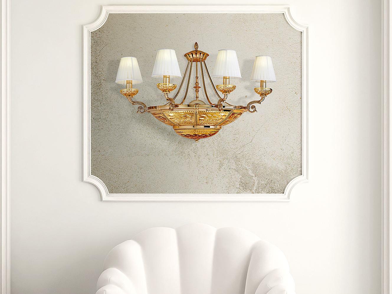 Satin gold plated wall light with amber crystal and shades | Michelangelo 3999/a4+4 by Possoni Illuminazione