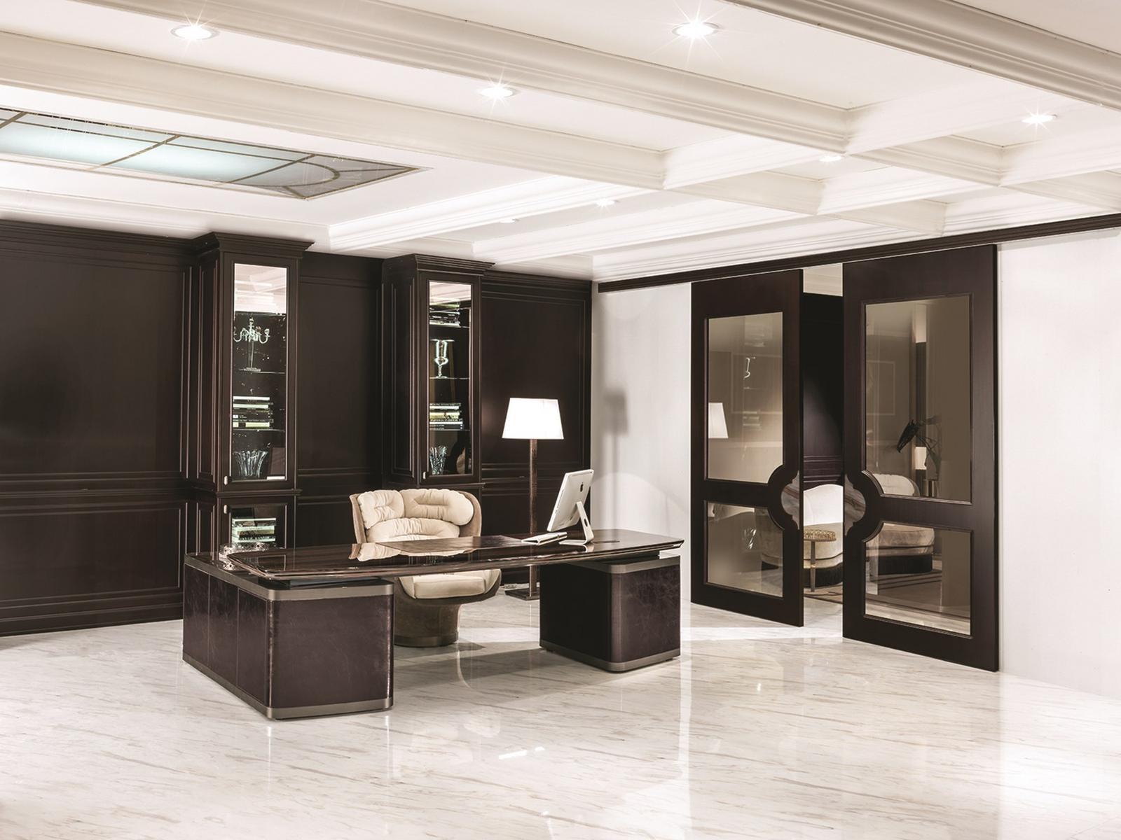 L-shaped veneer office desk with drawers | Ector by Longhi