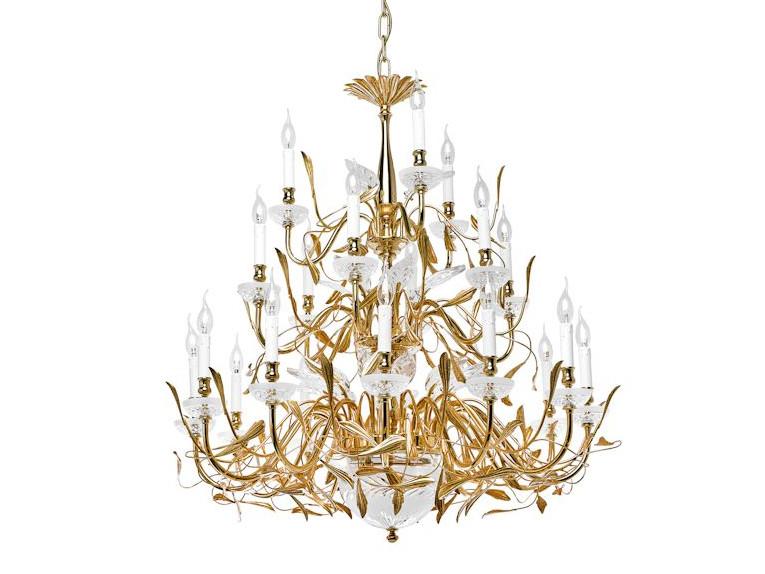 Gold plated/satin gold plated chandelier with crystal | Foliage 350/12+6+3+2 by Possoni Illuminazione