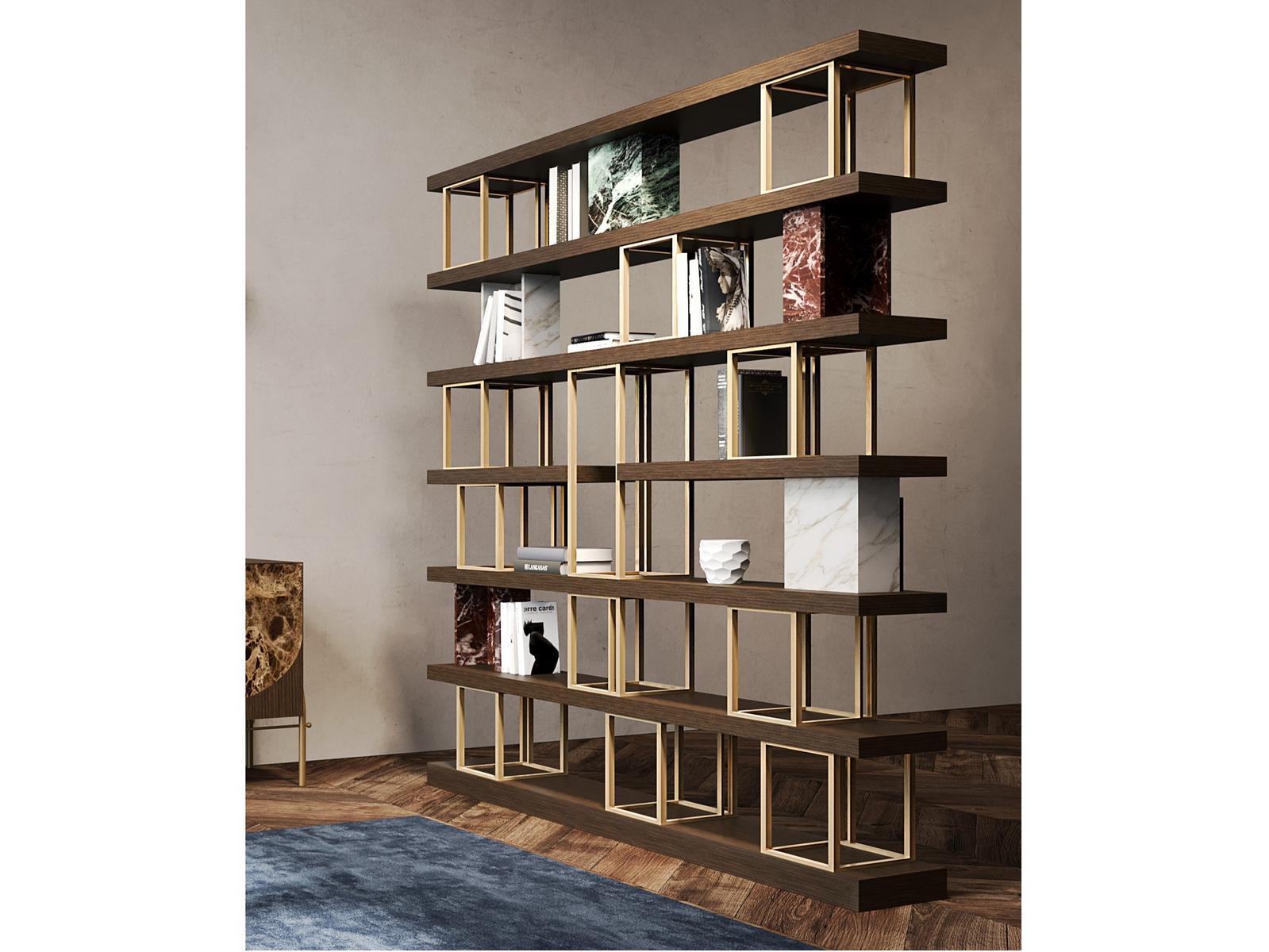 Wall-mounted double-sided wooden, marble and metal bookcase | Aida by Carpanese home
