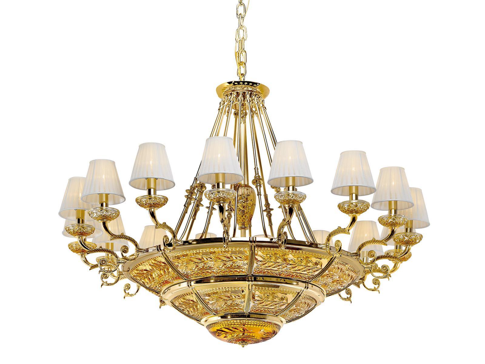 Shaded gold plated chandelier with amber crystal and shades | Michelangelo 3999/14+16 by Possoni Illuminazione