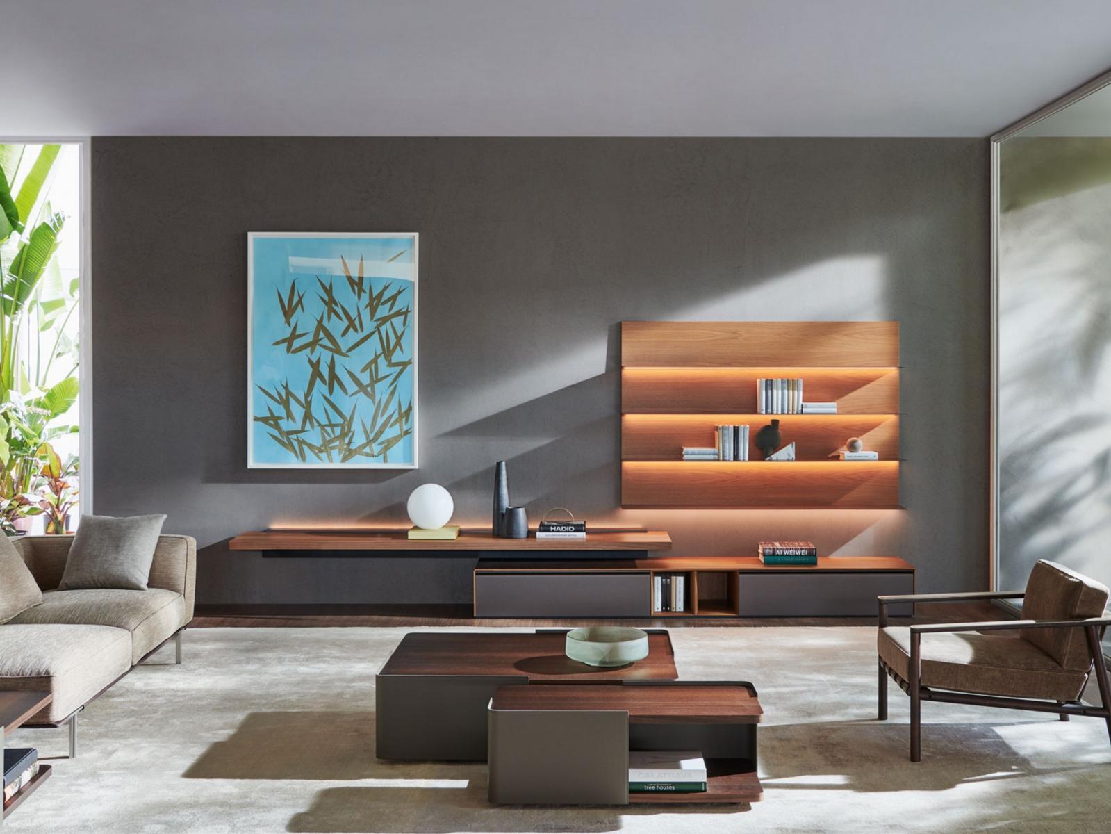 Sectional wooden storage wall with integrated lighting | Pass-word Evolution by Molteni