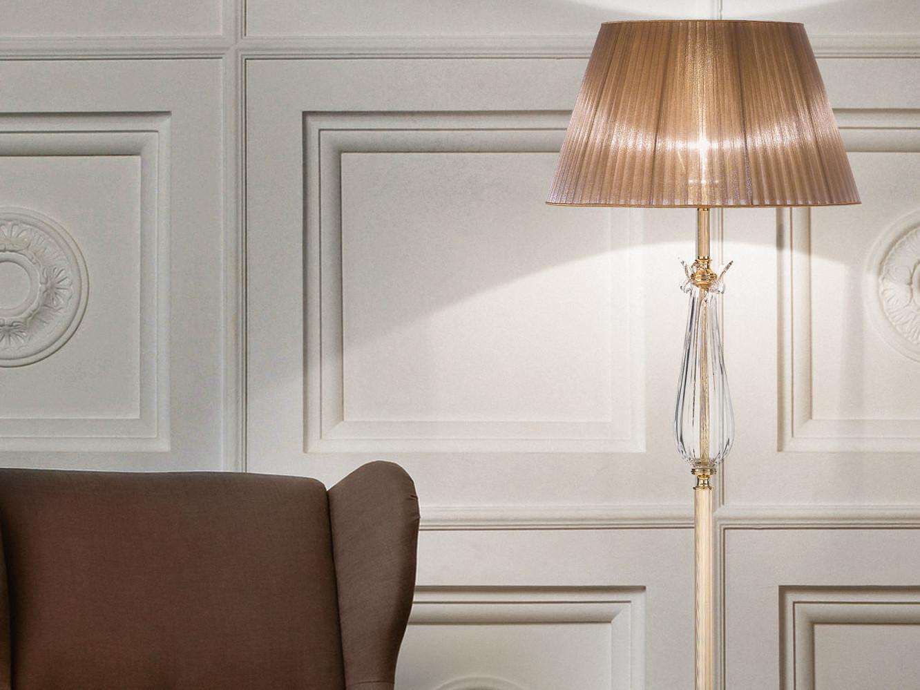 Gold plated floor lamp with crystal and organza shade | Valentina 269/p by Possoni Illuminazione