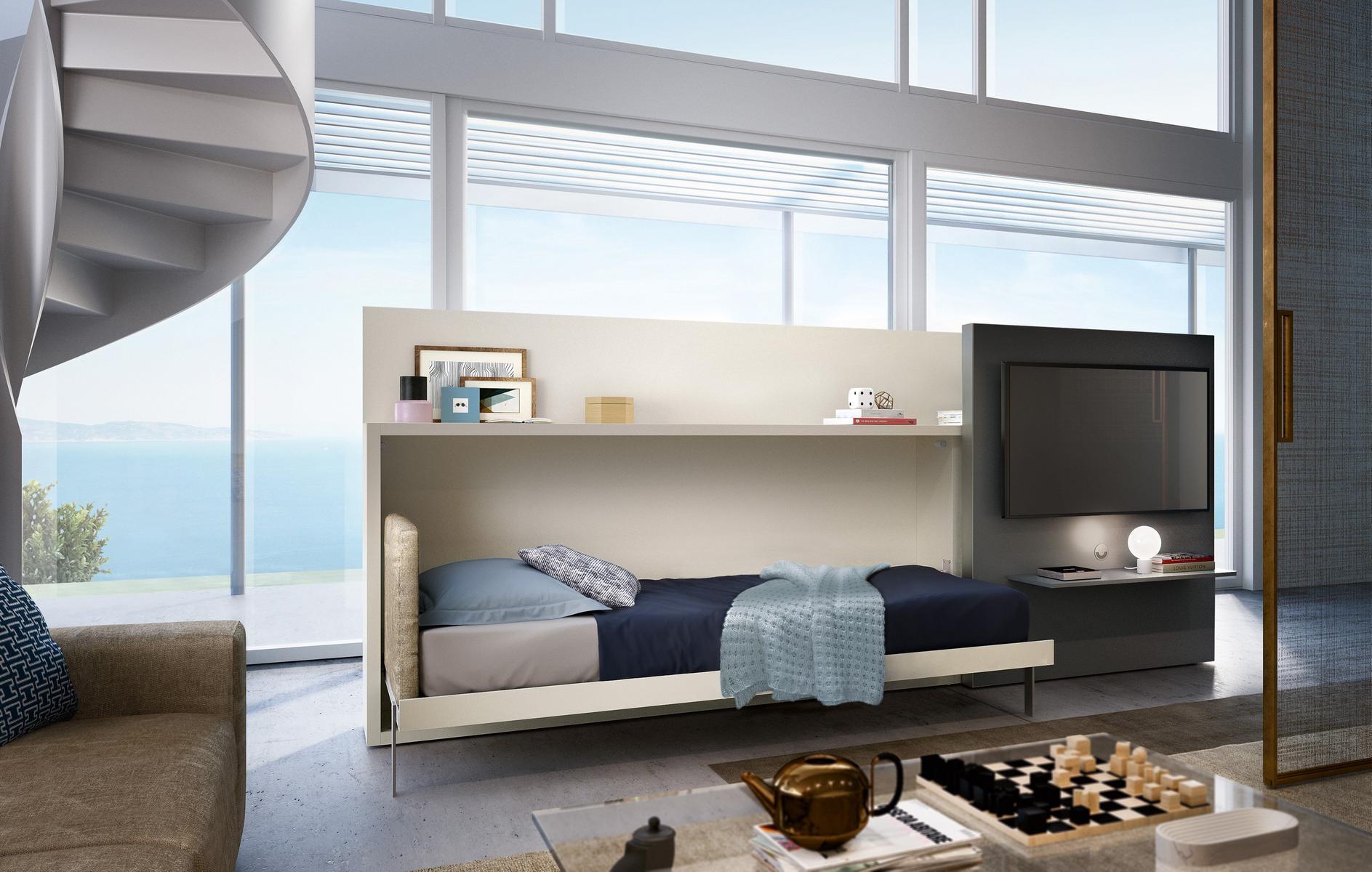 Freestanding wooden storage wall with fold-away bed | Poppi Theatre by CLEI