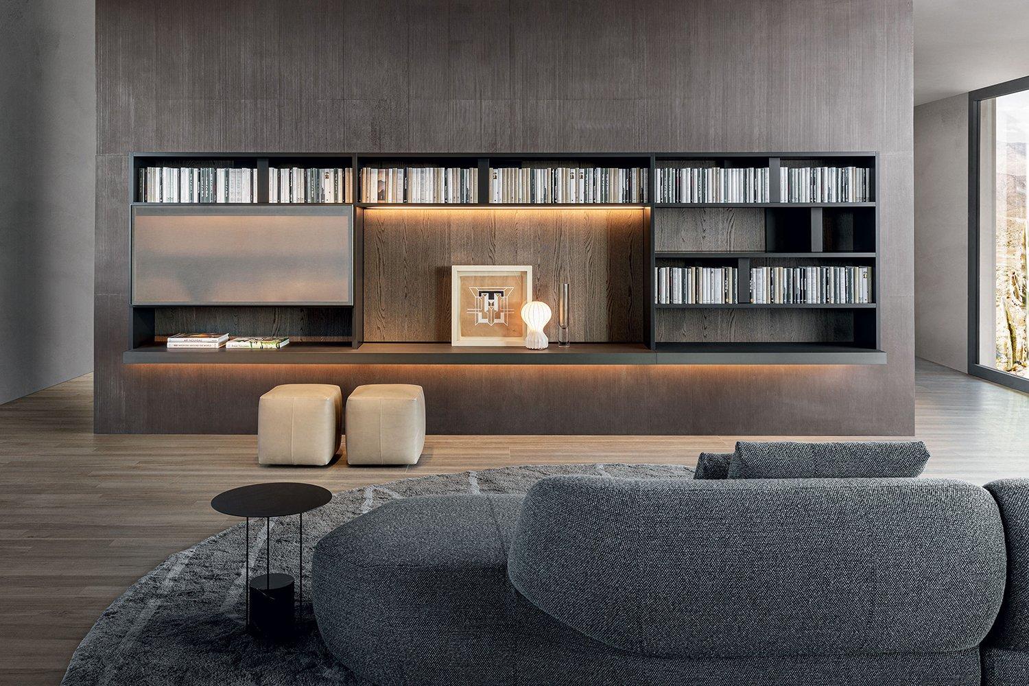 Sectional wooden storage wall with integrated lighting | 505 by Molteni