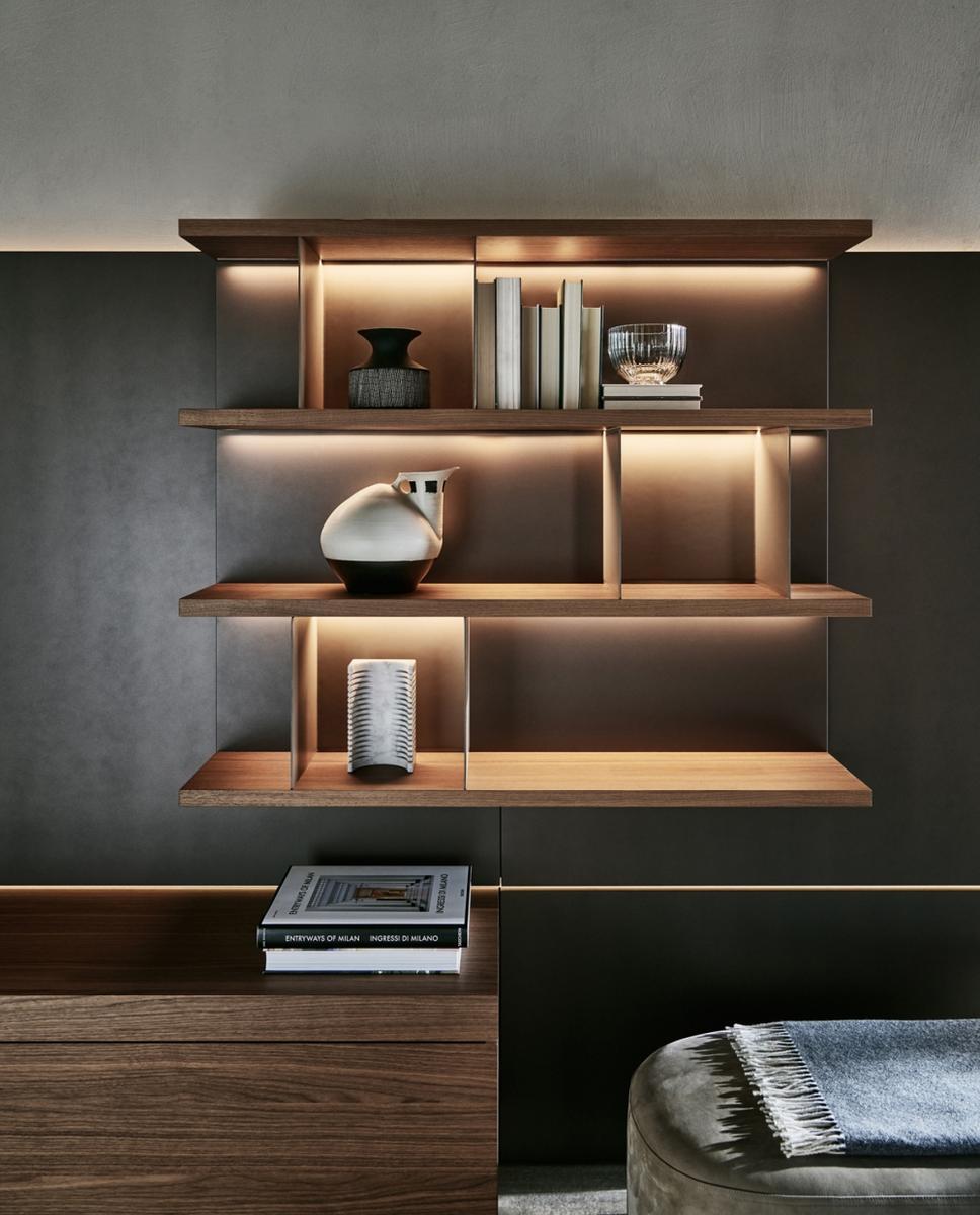 Sectional wooden storage wall with integrated lighting | Grid by Molteni