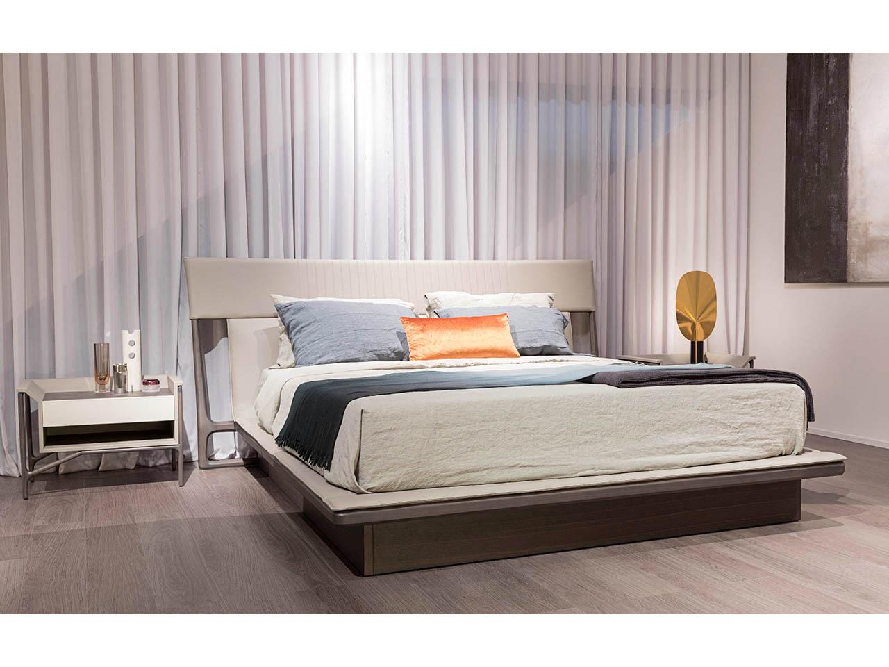 Solid wood double bed with leather upholstered headboard | Vine by Turri