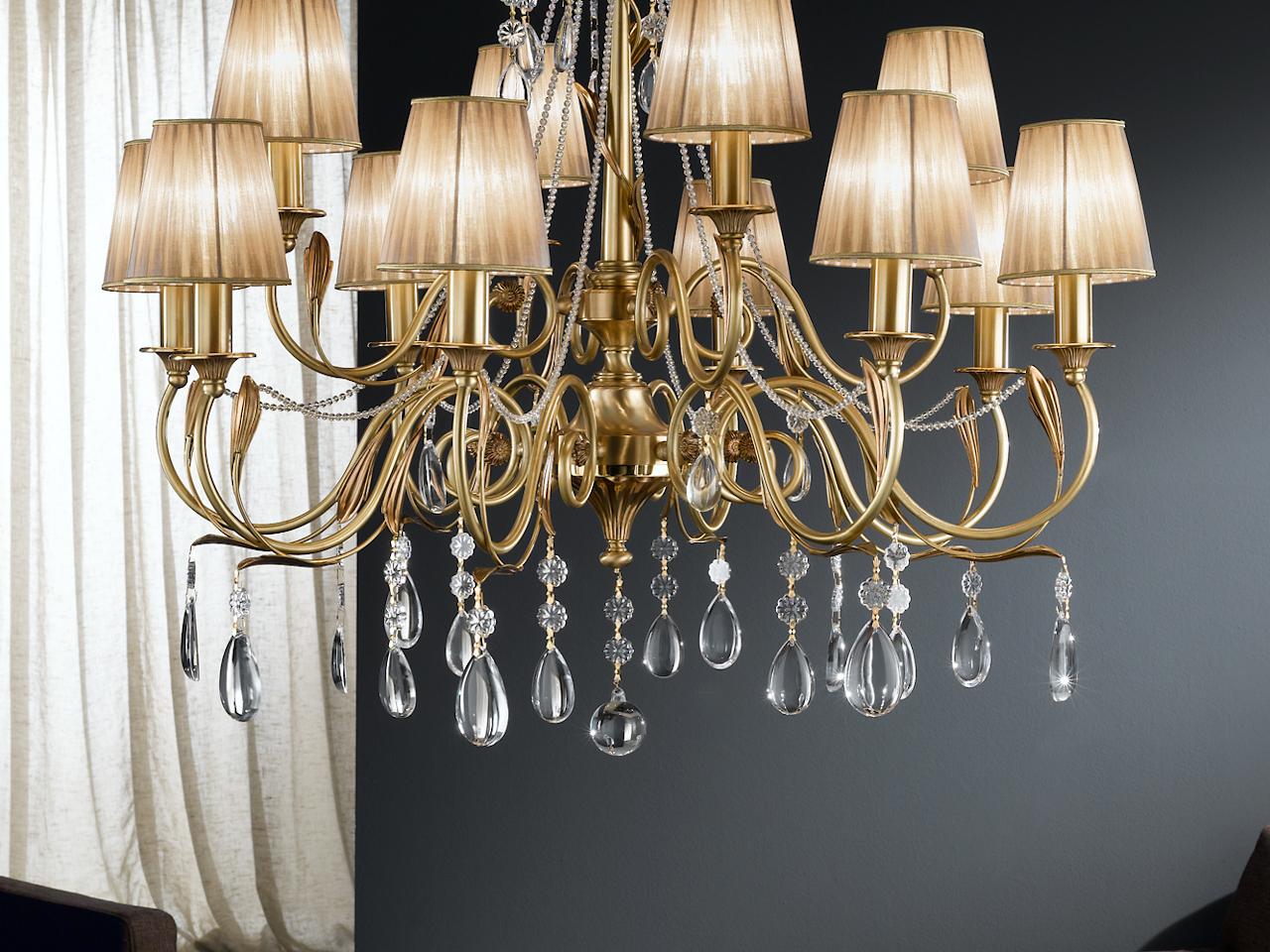 Antique French Gold chandelier with crystals and shades | Daisy 3039/8+4 by Possoni Illuminazione